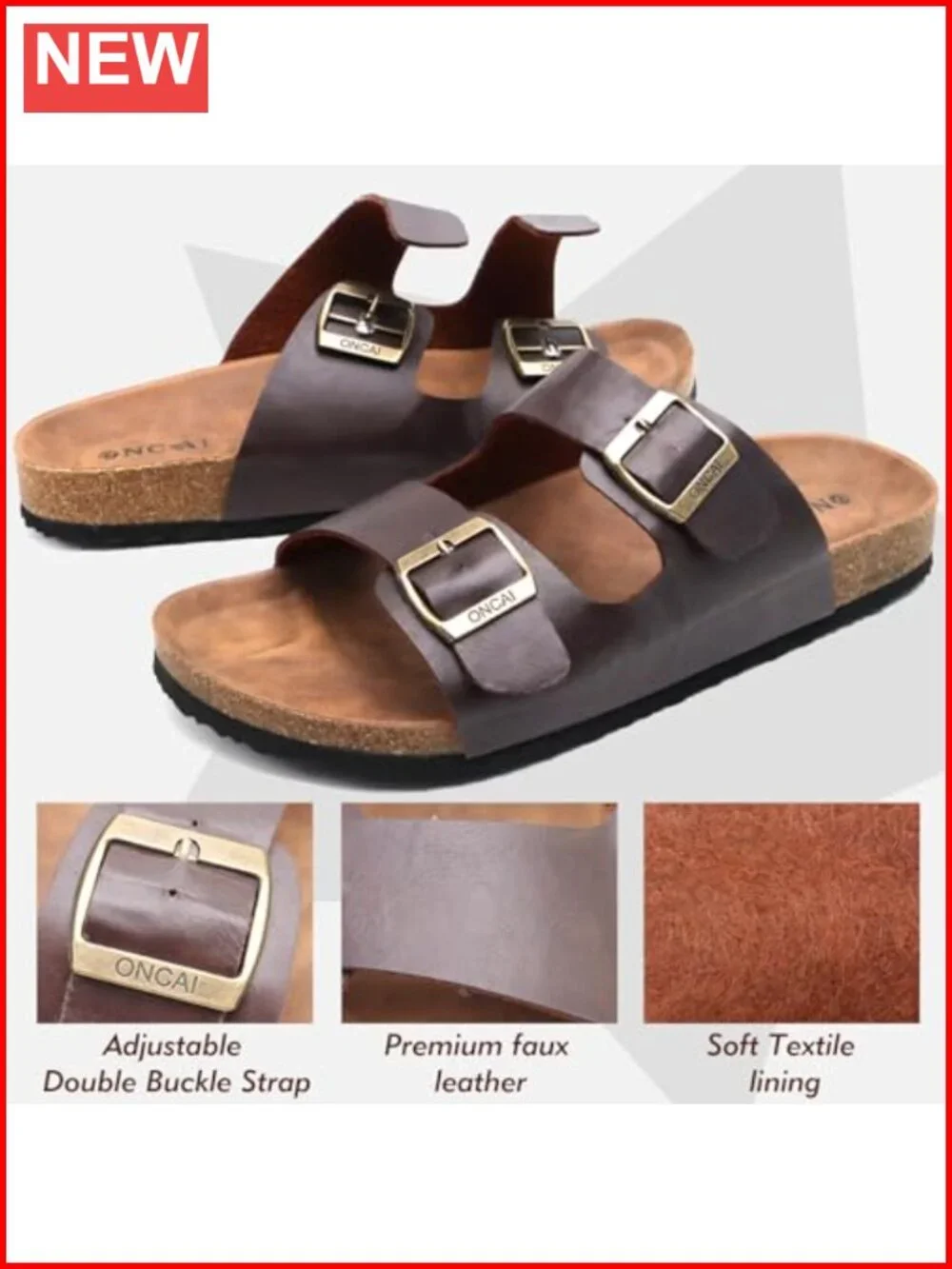 Men's Slide Sandals with Adjustable Buckle Straps Cork Footbed